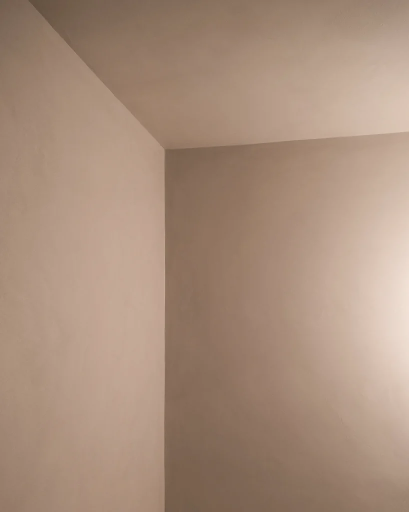 Detail of microcement bathroom walls and ceiling of Long Island home